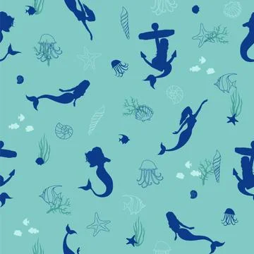 Blue seamless vector Pattern with silhouette mermaid. Pattern mermaid for gir Stock Illustration