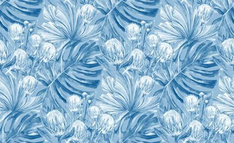 Blue seamless watercolor pattern with protea flowers and monstera Stock Illustration