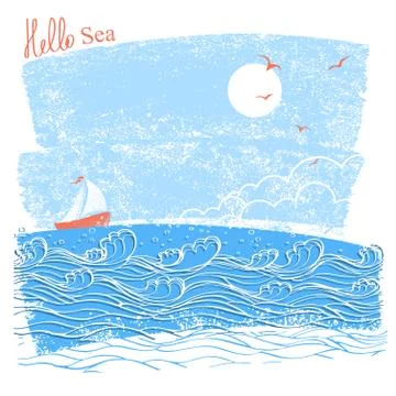 Blue seascaper with sailing ship. Vector illustration of sea landscape for te Stock Illustration