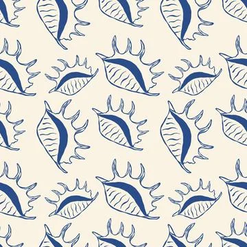 Blue seashell patterns float across a creamy background Illustrazione stock