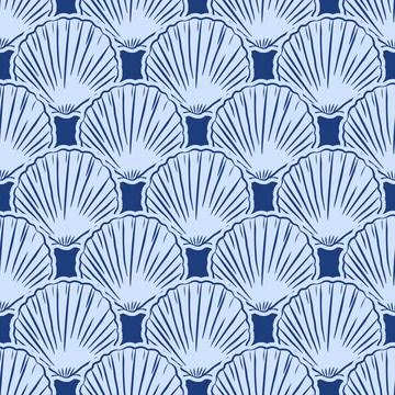 Blue seashell scallop seamless pattern in Mediterranean doodle style Illustrazione stock