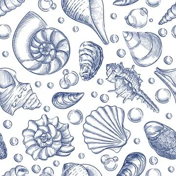 Blue seashells and bubbles on white background. Summer travel seamless patt.. Stock Illustration