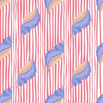 Blue seashells seamless pattern on pink stripes background. Doodle sea shell  Stock Illustration