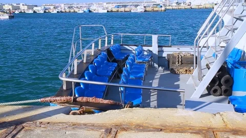 Blue seats on the boat Stock Footage 111442272