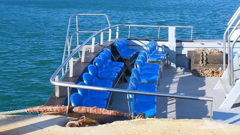 Blue seats on the boat Video stock 111442296