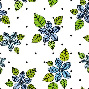 Blue sections flowers and leafs over black polka dots  pattern. Stock Illustration