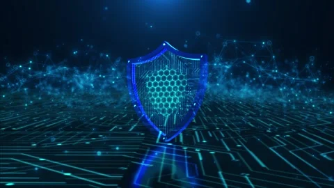 Blue secure network shield visual glowing hex pattern, digital circuit base, and Stock Footage 340528087