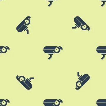 Blue Security camera icon isolated seamless pattern on yellow background. Vector Illustrazione stock