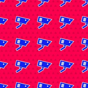 Blue Security camera icon isolated seamless pattern on red background. Vector Illustrazione stock