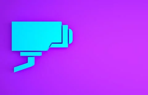 Blue Security camera icon isolated on purple background. Minimalism concept.  Illustrazione stock