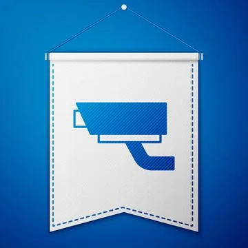 Blue Security camera icon isolated on blue background. White pennant template Illustrazione stock