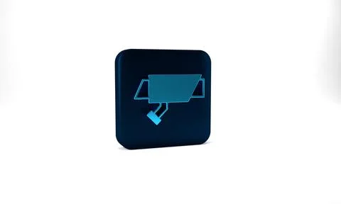 Blue Security camera icon isolated on grey background. Blue square button. 3d Stock Illustration