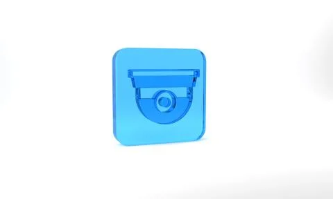 Blue Security camera icon isolated on grey background. Glass square button. 3d Stock Illustration