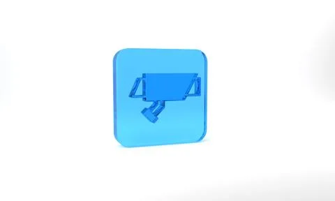 Blue Security camera icon isolated on grey background. Glass square button. 3d Stock Illustration