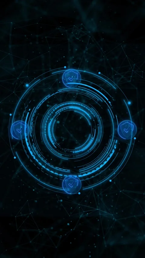 Blue security HUD ring background with circular interface, shield icons, check m Stock Footage 340552235