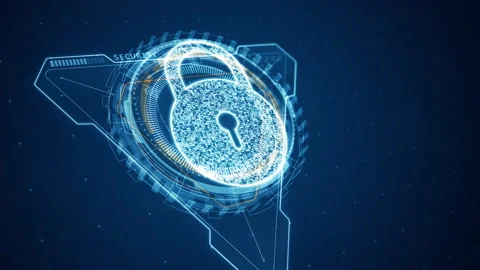Blue Security key with 3D triangle rotation with HUD UI technology interface Stock Footage 203778431