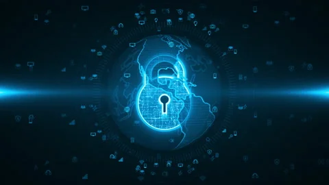 Blue security key and earth sphere with icon technology futuristic background Stock Footage 148489653