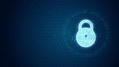 Blue security key with circle rotation on hexagon shape background Stock Footage 232314871