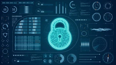Blue security key with HUD background and futuristic technology Stock Footage 234330382