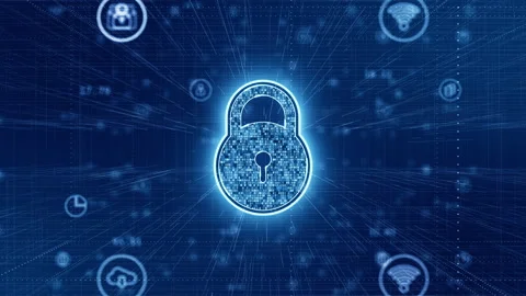 Blue security key with icon technology futuristic background seamless loop video Stock Footage 154616064
