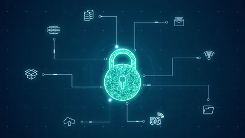 Blue security key with line connection and data transfer to futuristic icon Stock Footage 231587116