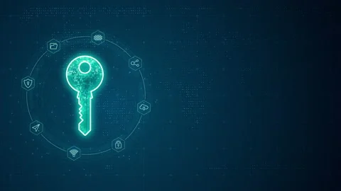 Blue security key with line connection and data transfer to futuristic icon Stock Footage 237535526