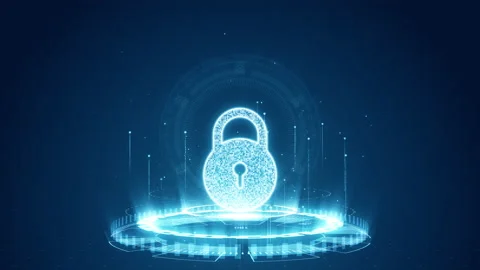 Blue security key logo with digital futuristic technology circle rotation Stock Footage 232314884