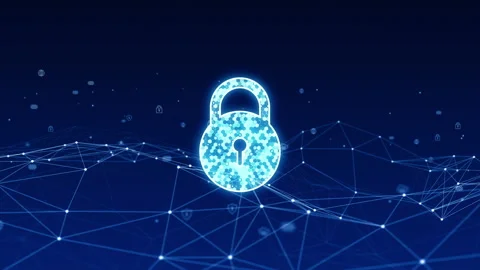 Blue security key logo with line connection and technology icon on background Stockbeeldmateriaal 168883274