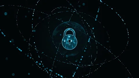 Blue security key logo with particle ring circle rotation and earth Stock Footage 252524817
