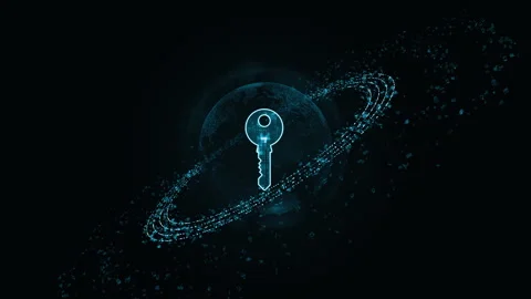 Blue security key logo with particle ring circle rotation and earth Stock Footage 255460581
