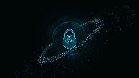 Blue security key logo with particle ring circle rotation and earth Stock-Footage 255460598