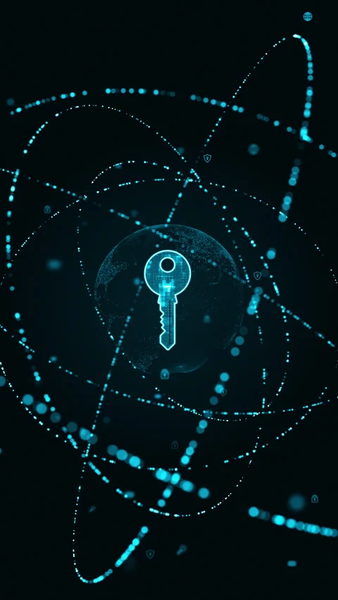 Blue security key logo with particle ring circle rotation and earth Stock Footage 268704639