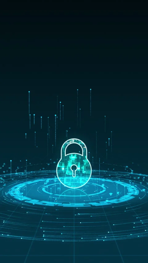 Blue security key logo with particle ring circle rotation with ai icon Stock Footage 285871638