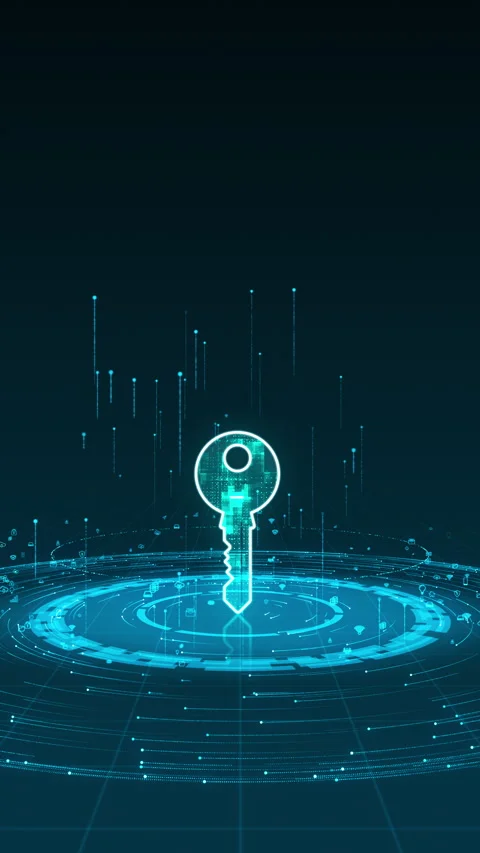 Blue security key logo with particle ring circle rotation with ai icon Stock Footage 285871743