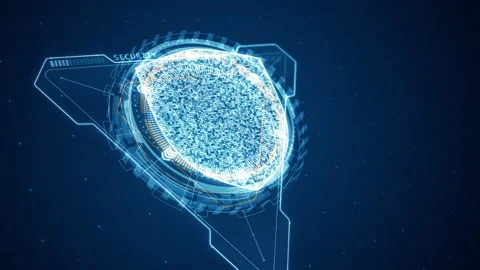 Blue Security shield with 3D triangle with HUD UI technology interface Stock Footage 203778394