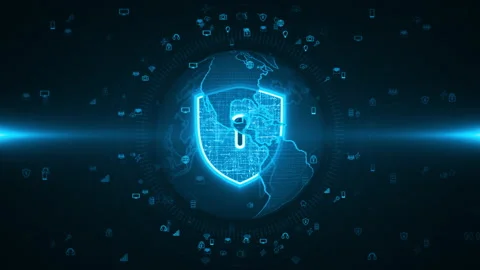 Blue security shield and earth sphere with icon technology futuristic background Stock Footage 148489644