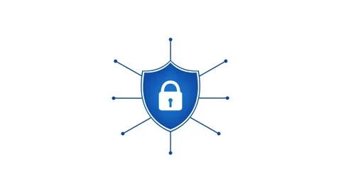 Blue security shield animation with locked white padlock and connected line node Stock Footage 315245163