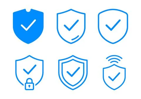 Blue security shield checkmark icons set Stock Illustration