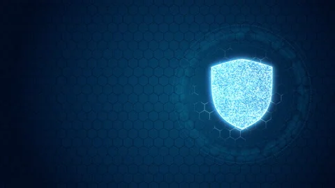 Blue security shield with circle rotation on hexagon shape background Stock Footage 232314913