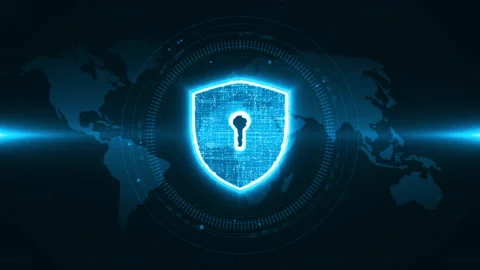 Blue security shield with head up display technology interface and futuristic Stock Footage 148060689