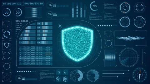 Blue security shield with HUD background and futuristic technology Stock Footage 234330370
