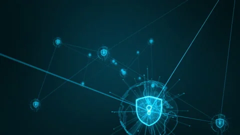 Blue security shield icon and futuritic earth sphere network connection Stock Footage 158690740