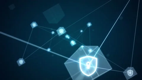 Blue security Shield icon and futuristic cube with network connection Metaverse Stock Footage 170763624