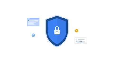 Blue security shield icons and user login authentication elements Stock Footage 347664991