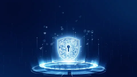 Blue security shield logo with digital futuristic technology circle rotation Stock Footage 158069377
