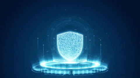 Blue security shield logo with digital futuristic technology circle rotation Stock Footage 232314838