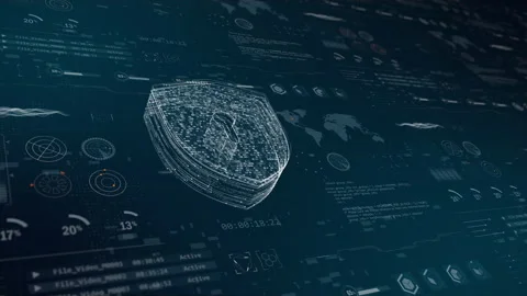 Blue security shield logo with head up display and futuristic technology Stockbeeldmateriaal 164589850