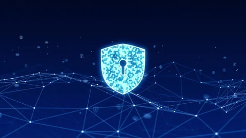 Blue security shield logo with line connection anc technology icon levitation Video stock 168883262