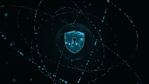 Blue security shield logo with particle ring circle rotation and earth Stock Footage 252524879