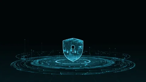 Blue security shield logo with particle ring circle rotation Stock Footage 257514799